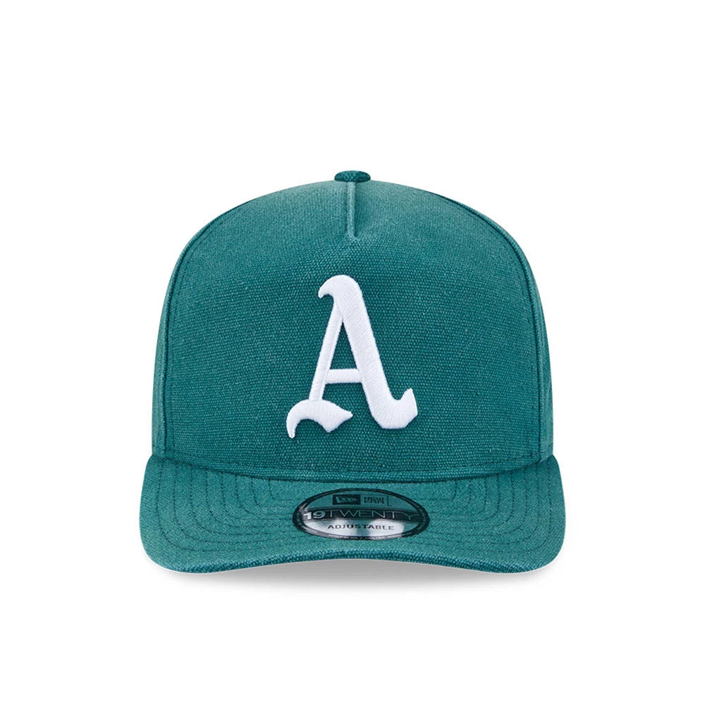Athletics MLB Duck Canvas Green New Era 19TWENTY Adjustable Cap, front view showing a large white embroidered A logo on the centre of the green structured crown, with the curved visor and the 19TWENTY size sticker on display.