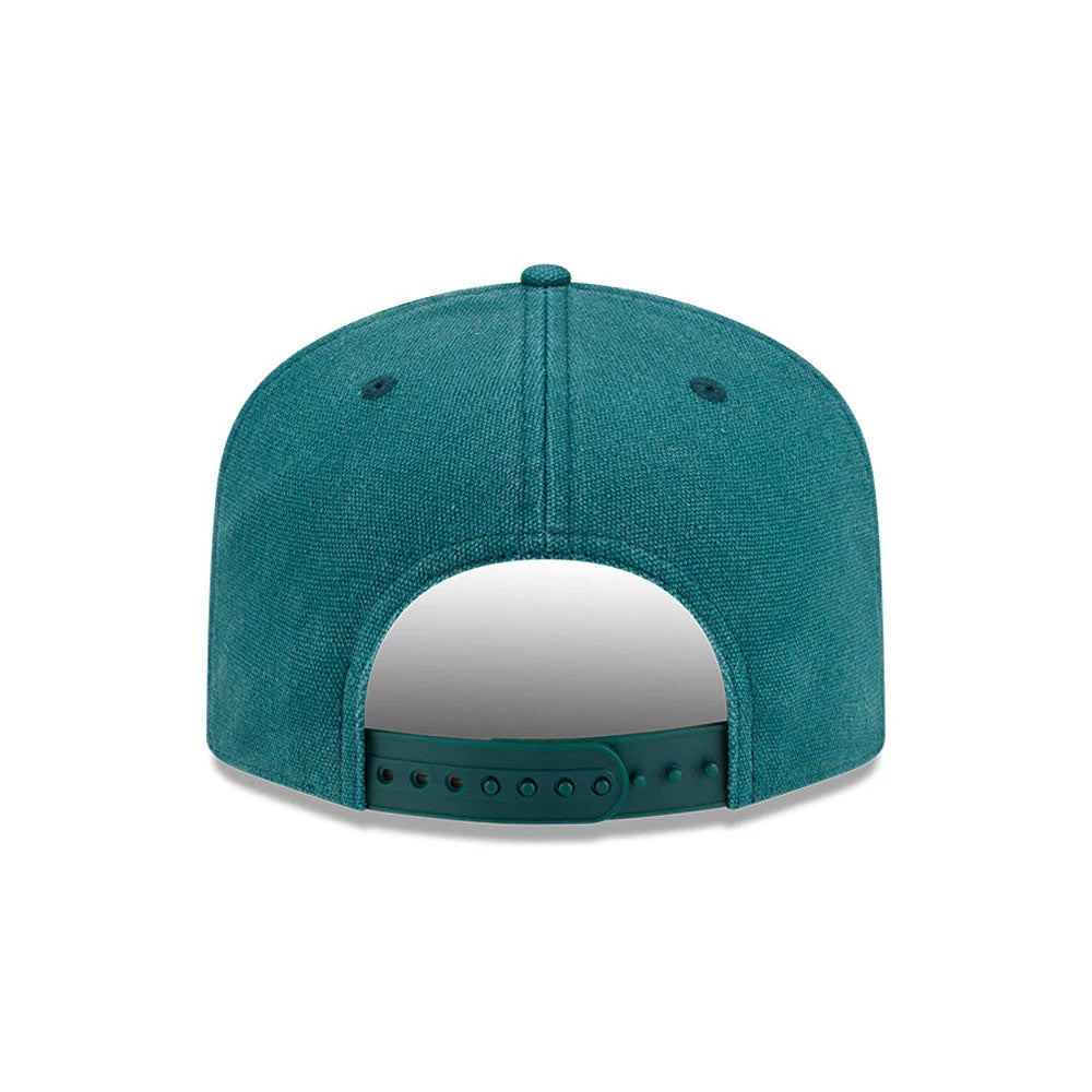 Athletics MLB Duck Canvas Green New Era 19TWENTY Adjustable Cap, rear view showing the absence of any back logo, with a classic green snapback closure and a structured green crown featuring embroidered eyelets and a green top button.