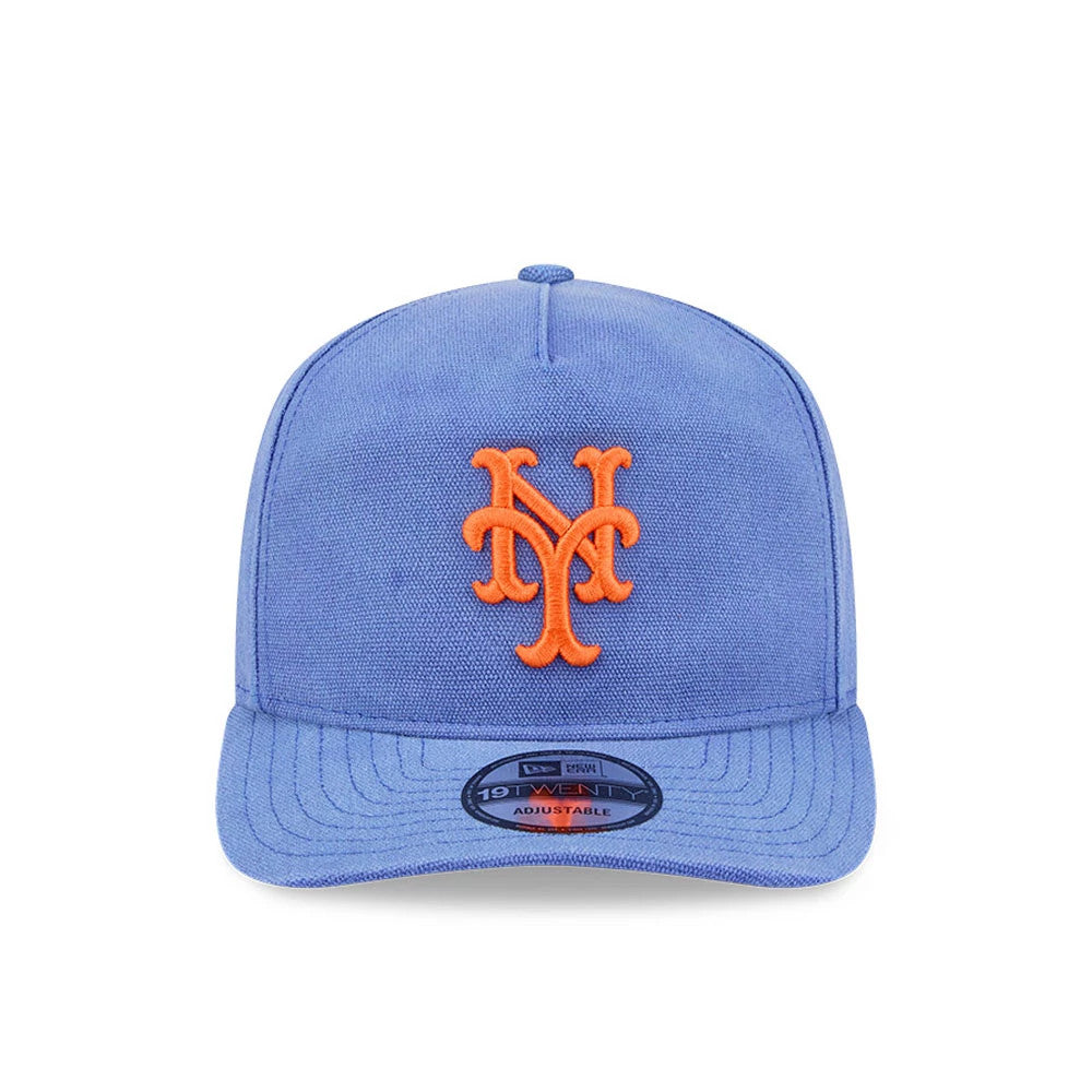 New York Mets MLB Duck Canvas Pastel Blue New Era 19TWENTY Adjustable Cap, front view showing the orange raised embroidered NY logo on the centre front panel, with a matching visor and a 19TWENTY size sticker on the cap's curved visor.
