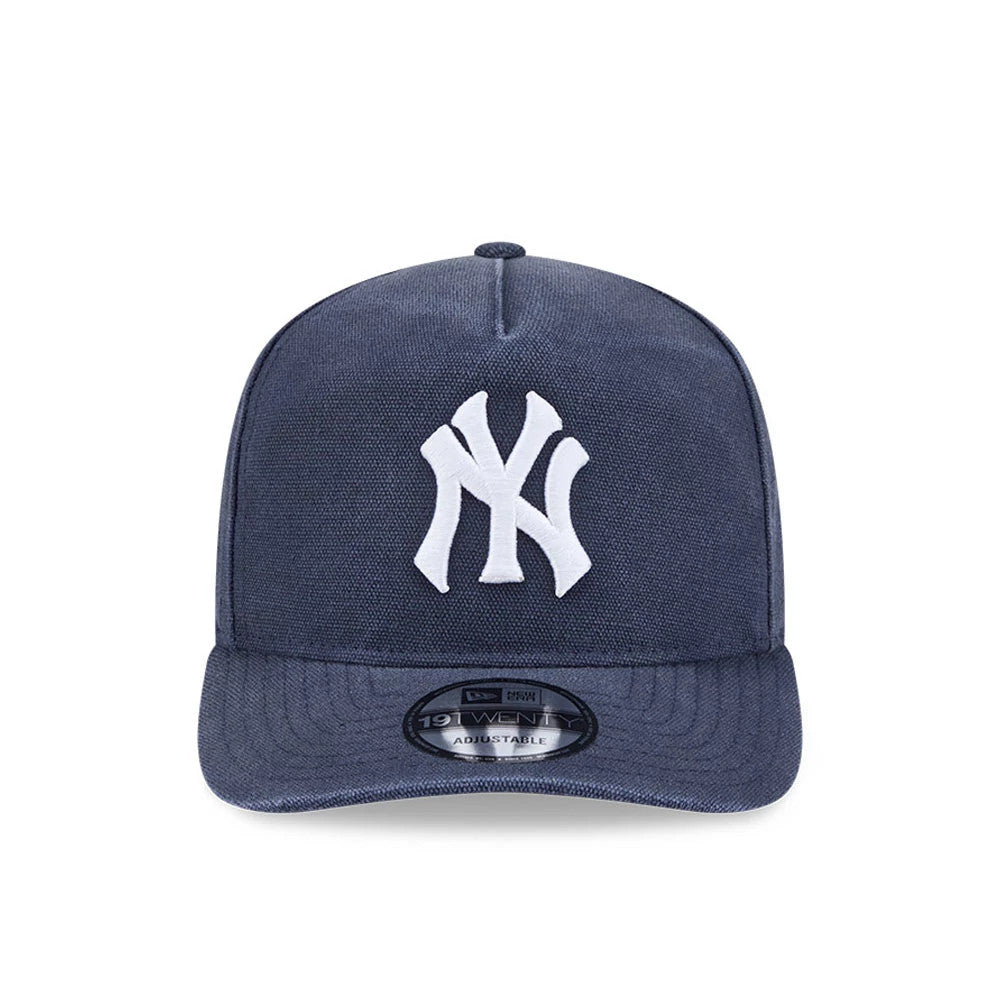 New York Yankees MLB Duck Canvas Navy New Era 19TWENTY Adjustable Cap, front view showing a raised white embroidered NY logo on the centre of the navy crown, with a slightly curved visor and a 19TWENTY size sticker.