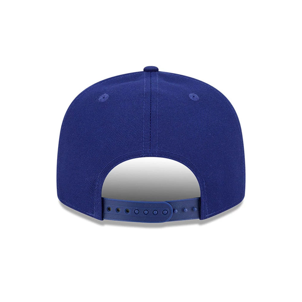 LA Dodgers MLB Cooperstown Throwback Blue New Era 9FIFTY Snapback Adjustable Cap, rear view showing a structured blue crown with a matching blue adjustable snapback strap, featuring embroidered eyelets on each panel and a top button.