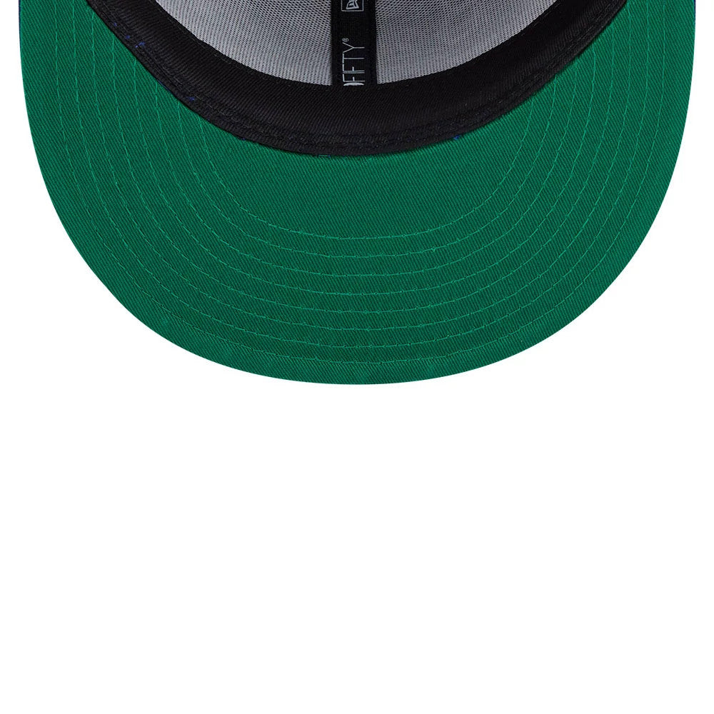 LA Dodgers MLB Cooperstown Throwback Blue New Era 9FIFTY Snapback Adjustable Cap, inside view showing the black sweatband, grey crown lining, and green undervisor with a 9FIFTY tag attached to the inner sweatband.