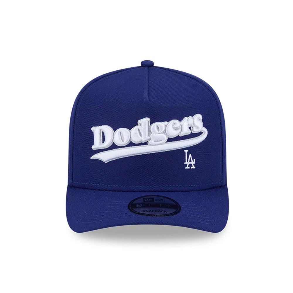 Pictured is this MLB Cooperstown Pennant Script LA Dodgers 9FIFTY A-Frame Snapback cap in dark blue. 3