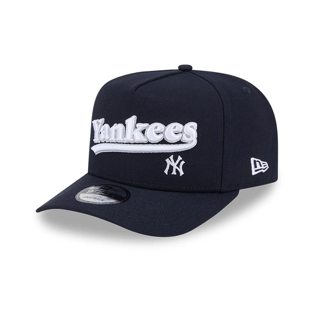 Pictured is this MLB Cooperstown Pennant Script New York Yankees 9FIFTY A-Frame Snapback cap in navy. 1