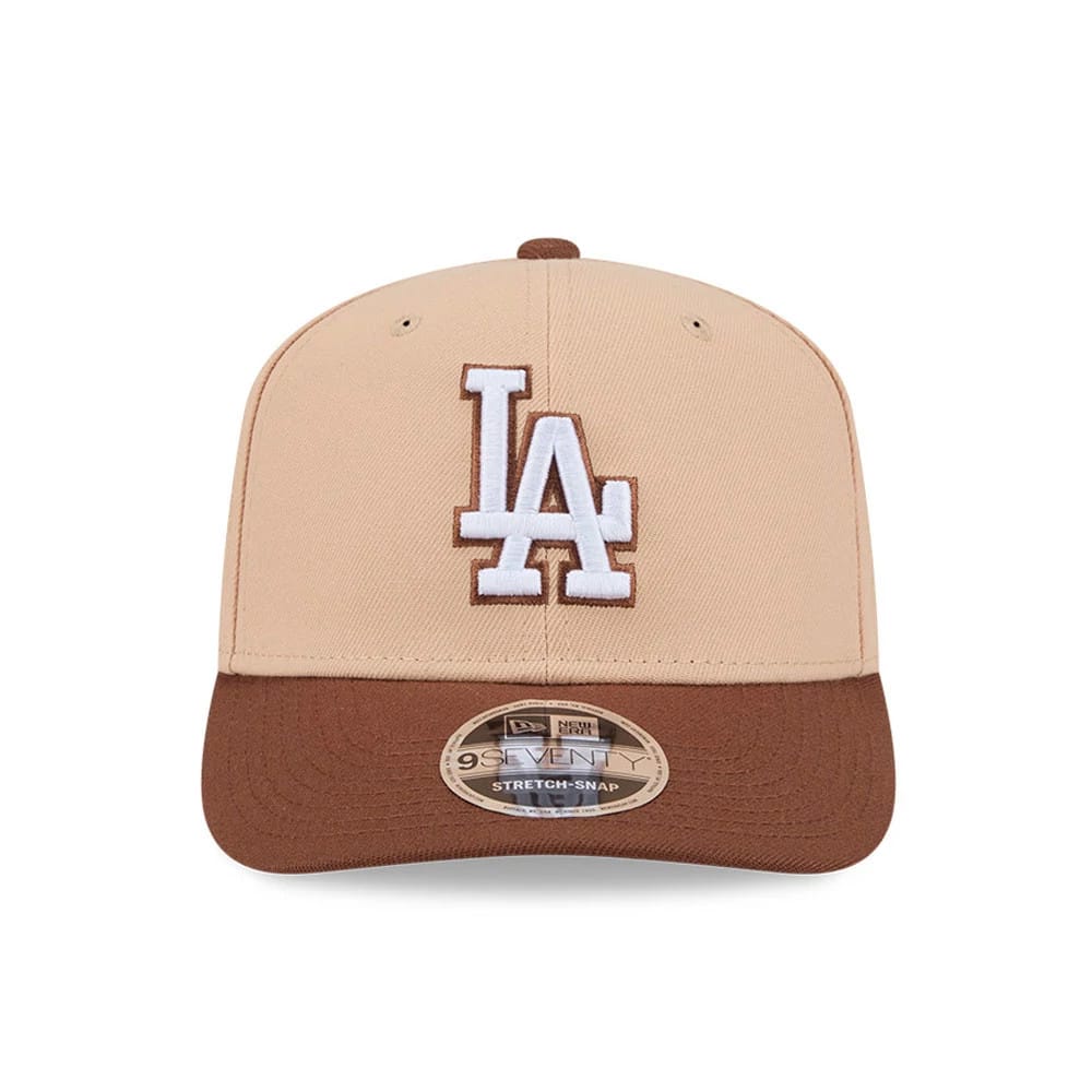 Pictured is this MLB Candied Pecan LA Dodgers 9SEVENTY Stretch Snap cap in beige. 3