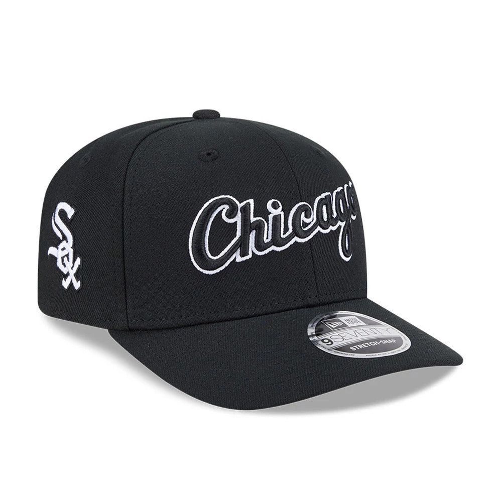 Pictured is this MLB Chicago White Sox 9SEVENTY Stretch Snap cap in black. 1