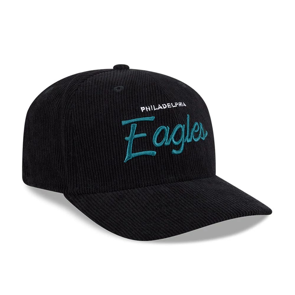 Pictured is this NFL Cord Script Philadelphia Eagles 9SEVENTY Stretch Snap cap in black. 4