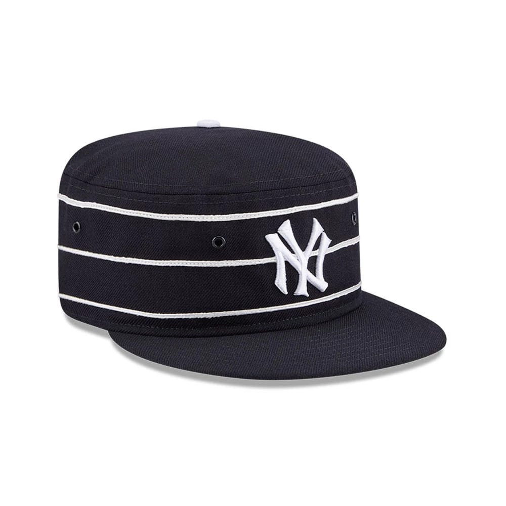 New Era New York Yankees MLB Cooperstown Navy Pillbox Adjustable Cap, front view showing the raised white embroidered NY logo on the navy front panel, with white horizontal stripes encircling the crown and a matching flat navy visor.