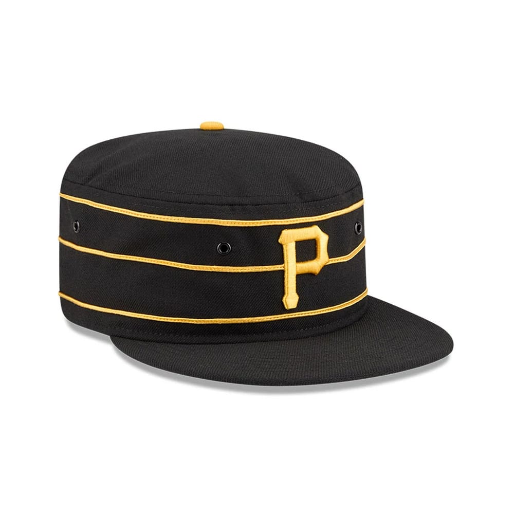 New Era Pittsburgh Pirates MLB Cooperstown Black Pillbox Adjustable Cap, three-quarter view showing the yellow embroidered P logo on the front panel, accented by horizontal yellow stripes with black eyelets on the structured black crown.