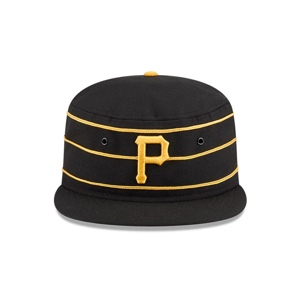 New Era Pittsburgh Pirates MLB Cooperstown Black Pillbox Adjustable Cap, front view showing a yellow embroidered P logo on the structured black crown, with yellow horizontal stripes and a matching top button above a flat black visor.