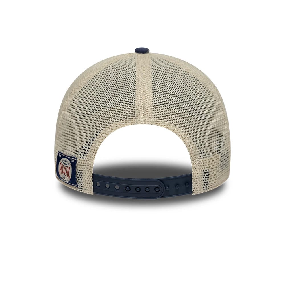 Ralph Lauren X MLB Yankees Blue New Era 9FORTY A-Frame Trucker Adjustable Cap, rear view showing a navy adjustable strap against the cream mesh back panels, with a Polo RL patch on the lower left panel.
