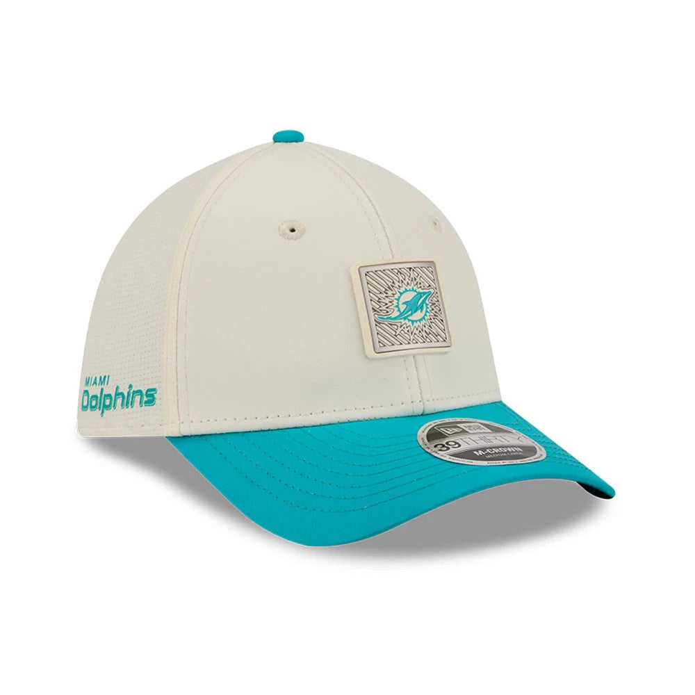 Miami Dolphins NFL Training 2026 White New Era 39THIRTY M-Crown Stretch Fit Cap, front view showing the raised embroidered Dolphins logo patch on the front panel, contrasting teal curved visor with a 39THIRTY size sticker, and mesh side panels.