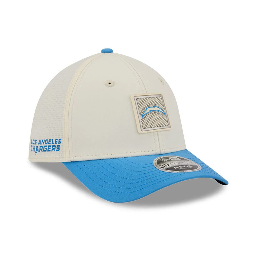 LA Chargers NFL Training 2026 White New Era 39THIRTY M-Crown Stretch Fit Cap, three-quarter view showing a raised embroidered Chargers logo on the front panel, a blue visor with a 39THIRTY size sticker.