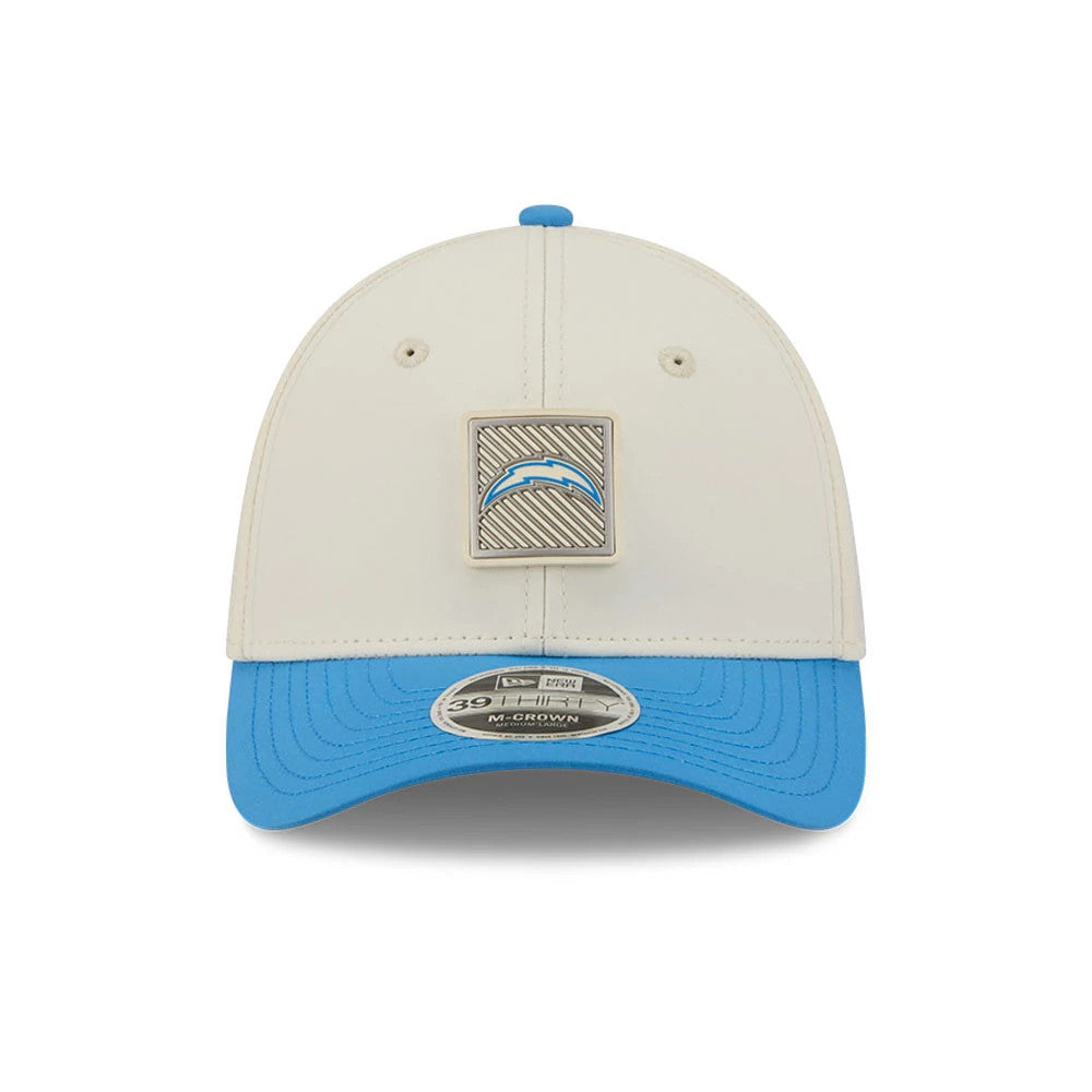 LA Chargers NFL Training 2026 White New Era 39THIRTY M-Crown Stretch Fit Cap, front view showing a raised square charger logo with blue and silver detail on the white front panel, featuring a bright blue curved visor and 39THIRTY size sticker.