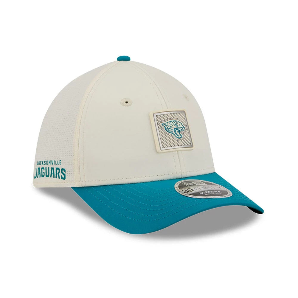 Pictured is this NFL Training 2026 Jacksonville Jaguars 39THIRTY M-Crown Stretch Fit cap in white. 1