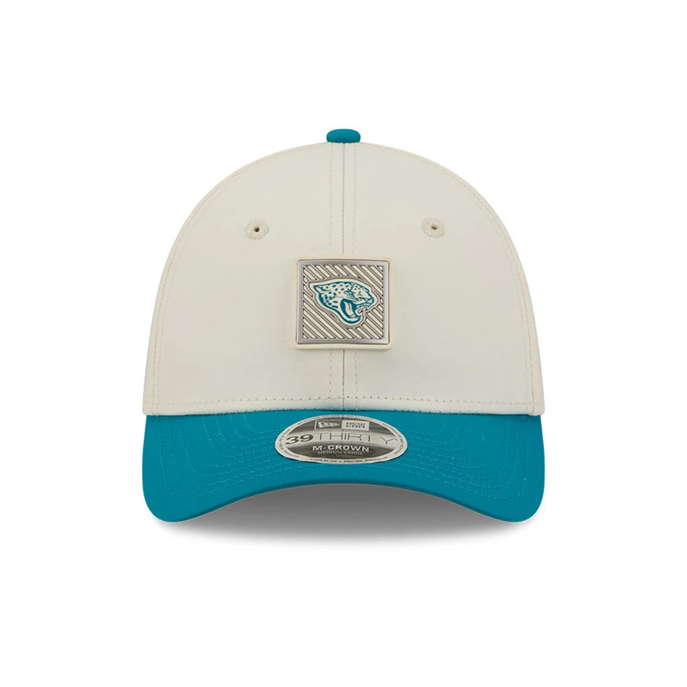 Pictured is this NFL Training 2026 Jacksonville Jaguars 39THIRTY M-Crown Stretch Fit cap in white. 2