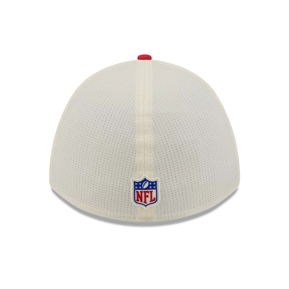 Kansas City Chiefs NFL Training 2026 White New Era 39THIRTY M-Crown Stretch Fit Cap, rear view showing the NFL shield logo embroidered at the centre bottom of the white crown, with a contrasting red top button.