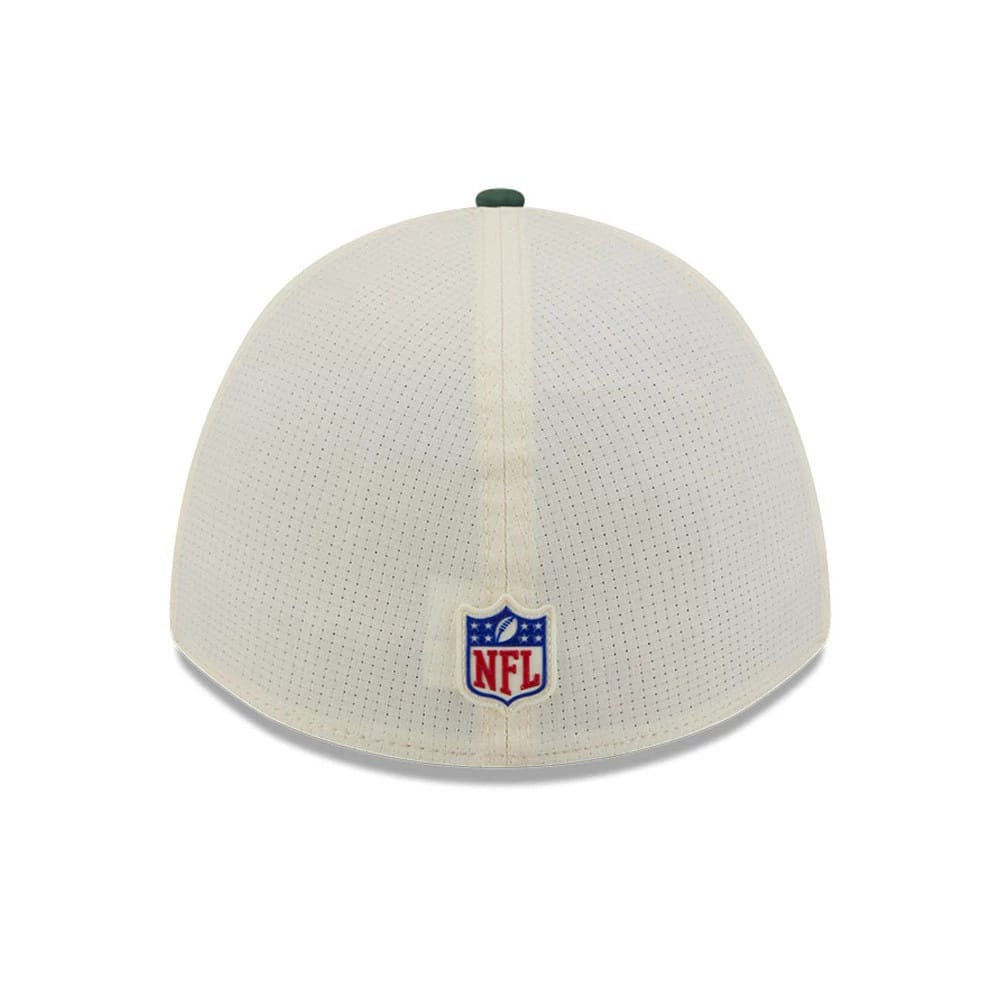 Green Bay Packers NFL Training 2026 White New Era 39THIRTY M-Crown Stretch Fit Cap, rear view showing the embroidered NFL shield logo at the centre of the white back panels, enhanced with a green top button for contrast.