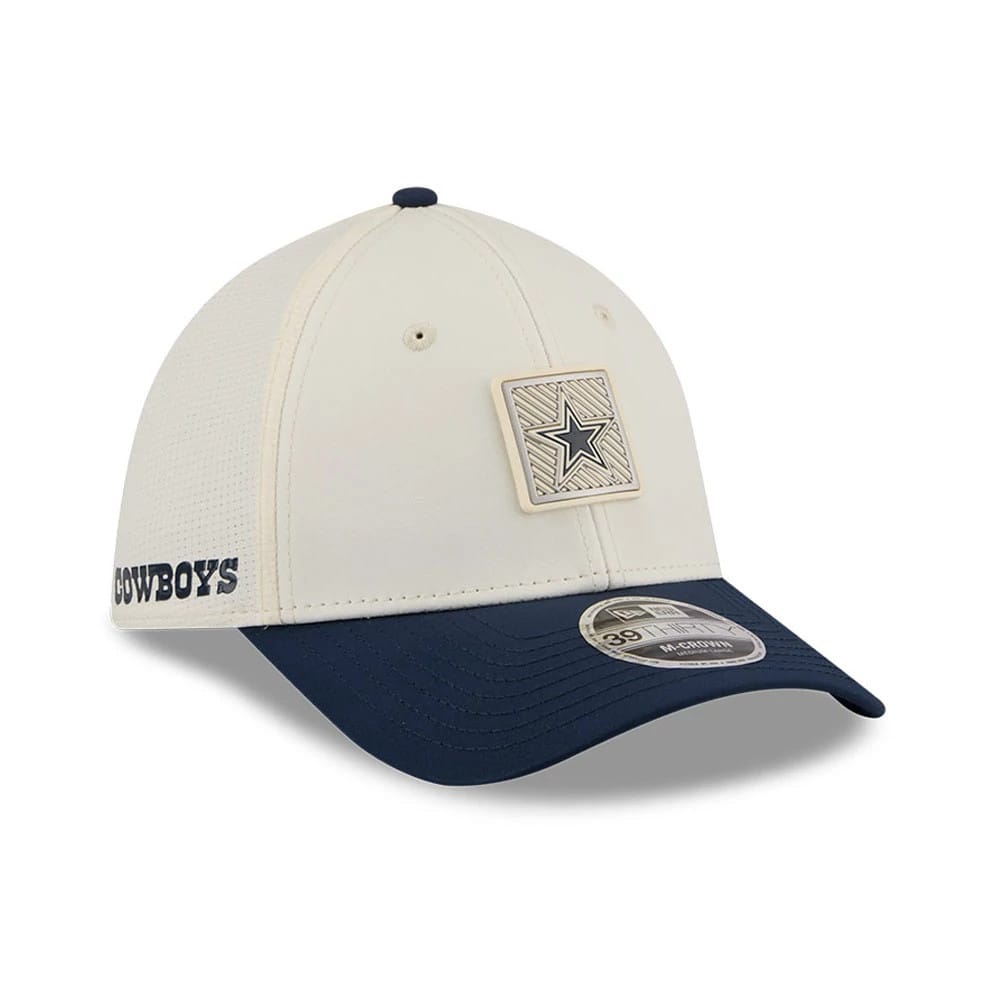 Pictured is this NFL Training 2026 Dallas Cowboys 39THIRTY M-Crown Stretch Fit cap in white. 1