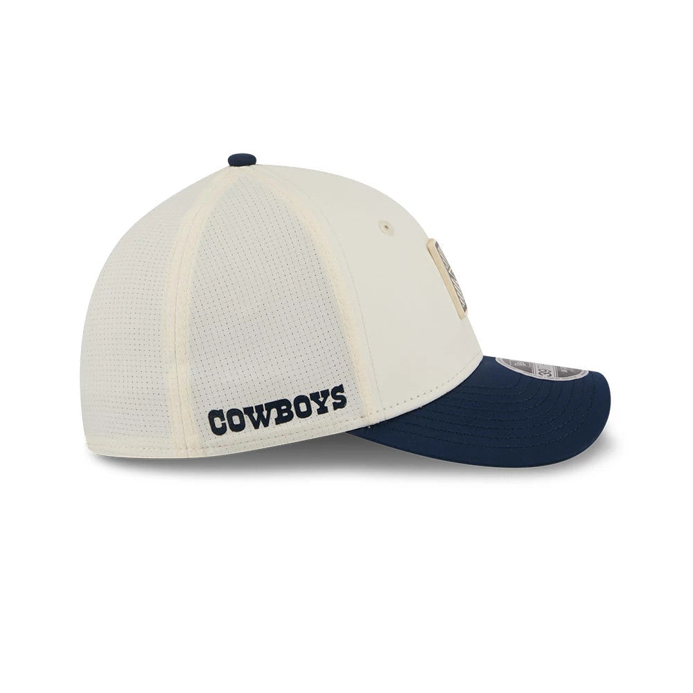 Dallas Cowboys NFL Training 2026 White New Era 39THIRTY M-Crown Stretch Fit Cap, side view showing the navy embroidered Cowboys wordmark on the lower left panel, the prominent contrasting navy curved visor, and the 39THIRTY size sticker.