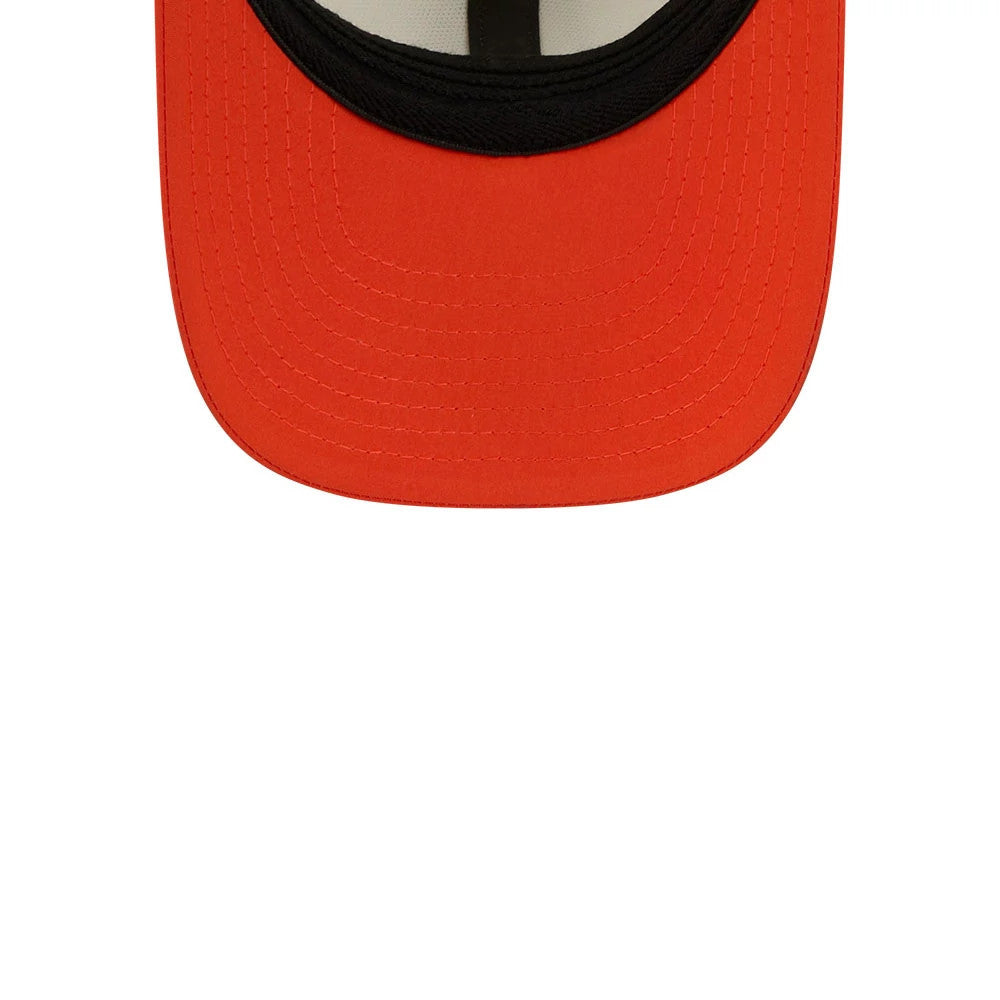 Cleveland Browns NFL Training 2026 White New Era 39THIRTY M-Crown Stretch Fit Cap, inside view showing a vivid red undervisor, black sweatband encircling the interior, and white taping running front to back on the structured cap.