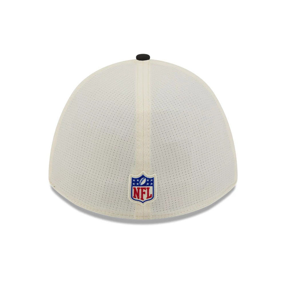 Baltimore Ravens NFL Training 2026 White New Era 39THIRTY M-Crown Stretch Fit Cap, rear view showing the embroidered NFL shield logo at the centre of the back panels, with a white crown and a black top button.