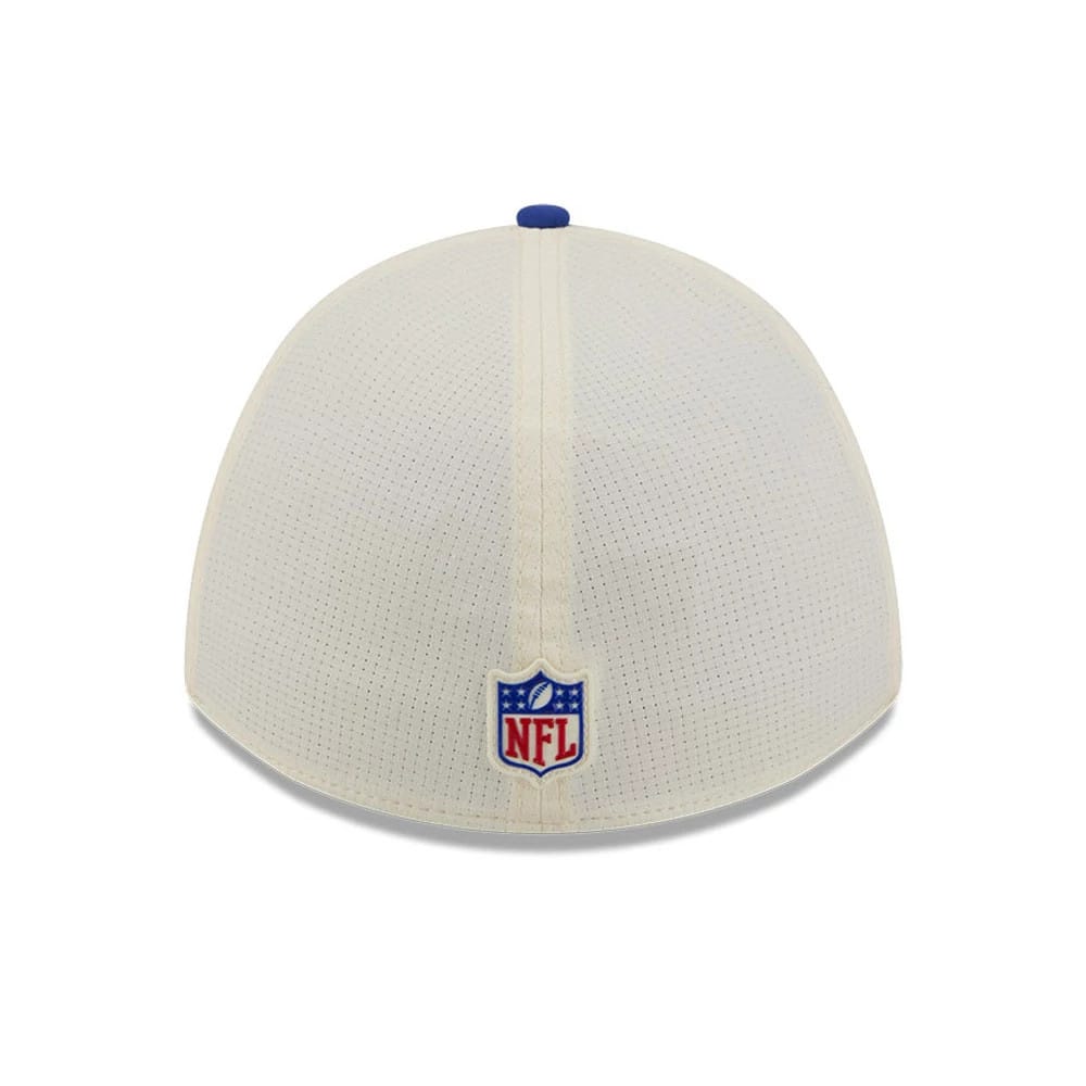 Buffalo Bills NFL Training 2026 White New Era 39THIRTY M-Crown Stretch Fit Cap, rear view showing the white NFL shield logo embroidered at the centre of the back panels beneath the white crown, with a contrasting blue top button.