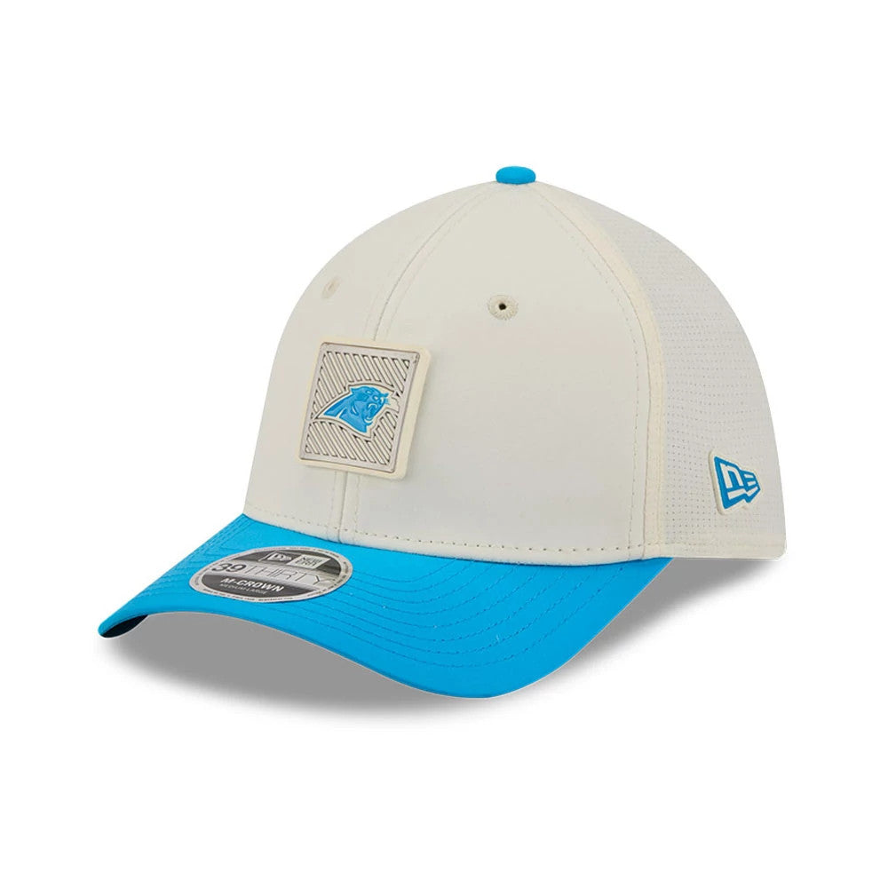 Carolina Panthers NFL Training 2026 White New Era 39THIRTY M-Crown Stretch Fit Cap, front view showing the blue and silver Panthers logo on the front panel, bright blue curved visor with a 39THIRTY size sticker.