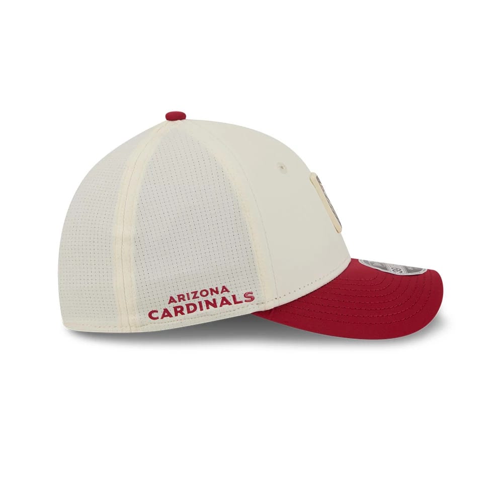 Arizona Cardinals NFL Training 2026 White New Era 39THIRTY M-Crown Stretch Fit Cap, side view showing red embroidered Arizona Cardinals lettering on the lower left panel, a white mesh back with perforations.