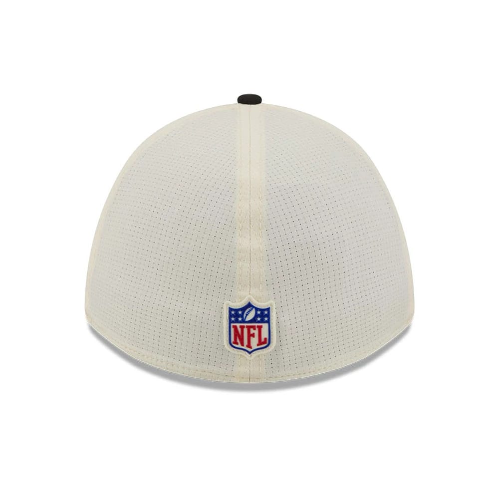 Atlanta Falcons NFL Training 2026 White New Era 39THIRTY M-Crown Stretch Fit Cap, rear view showing the NFL shield logo embroidered at the centre back on a white crown, finished with a contrasting black top button.