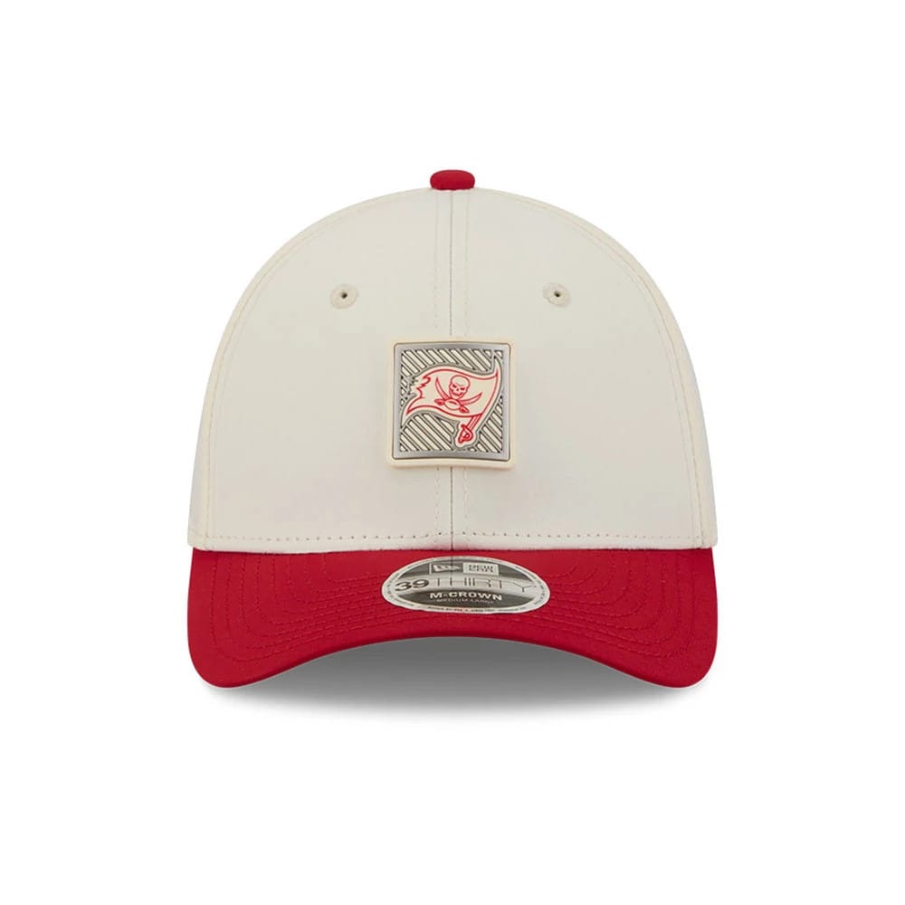 Pictured is this NFL Training 2026 Tampa Bay Buccaneers 39THIRTY M-Crown Stretch Fit cap in white. 2