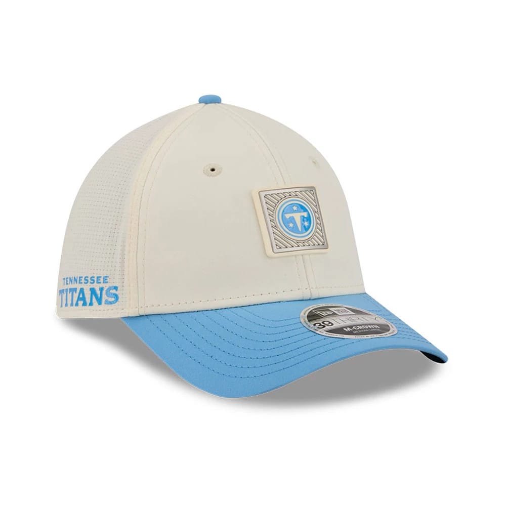 Tennessee Titans NFL Training 2026 White New Era 39THIRTY M-Crown Stretch Fit Cap, front view showing a raised grey and blue Tennessee Titans logo on the front panel, light blue curved visor, and 39THIRTY size sticker.