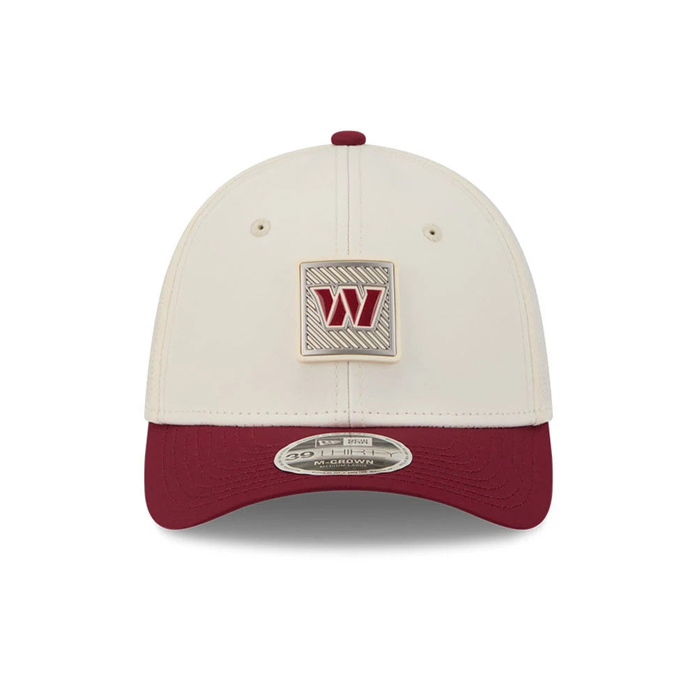 Commanders NFL Training 2026 White New Era 39THIRTY M-Crown Stretch Fit Cap, front view showing the white and burgundy logo on the front panel, maroon visor with a 39THIRTY size sticker, and a matching burgundy top button.