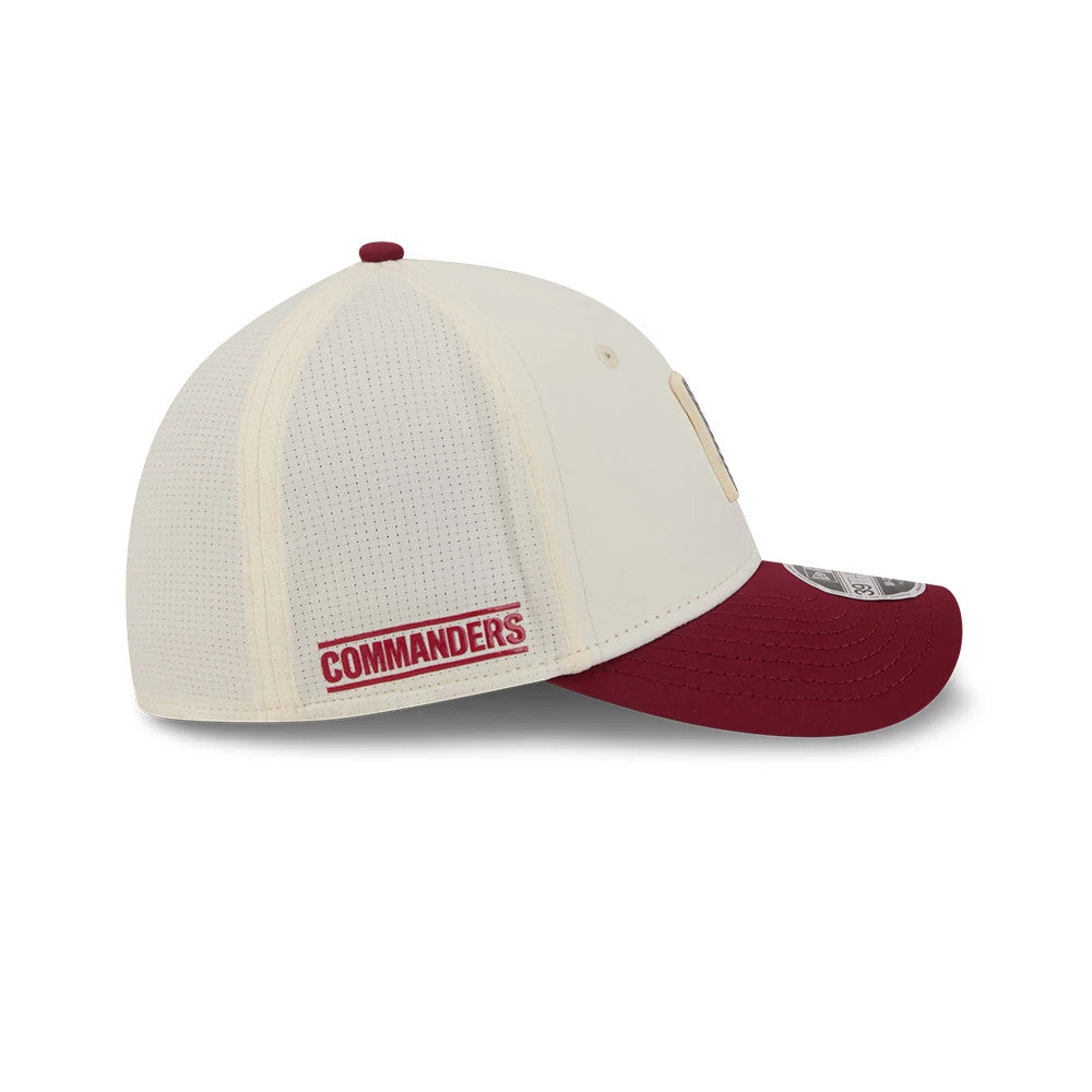 Commanders NFL Training 2026 White New Era 39THIRTY M-Crown Stretch Fit Cap, side view showing the red embroidered Commanders logo on the lower mesh back panel, structured white crown, and contrasting red curved visor.