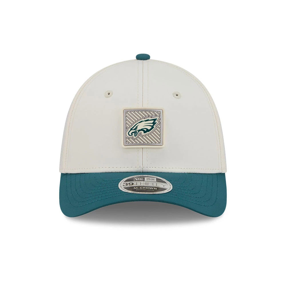 Pictured is this NFL Training 2026 Philadelphia Eagles 39THIRTY M-Crown Stretch Fit cap in white. 2