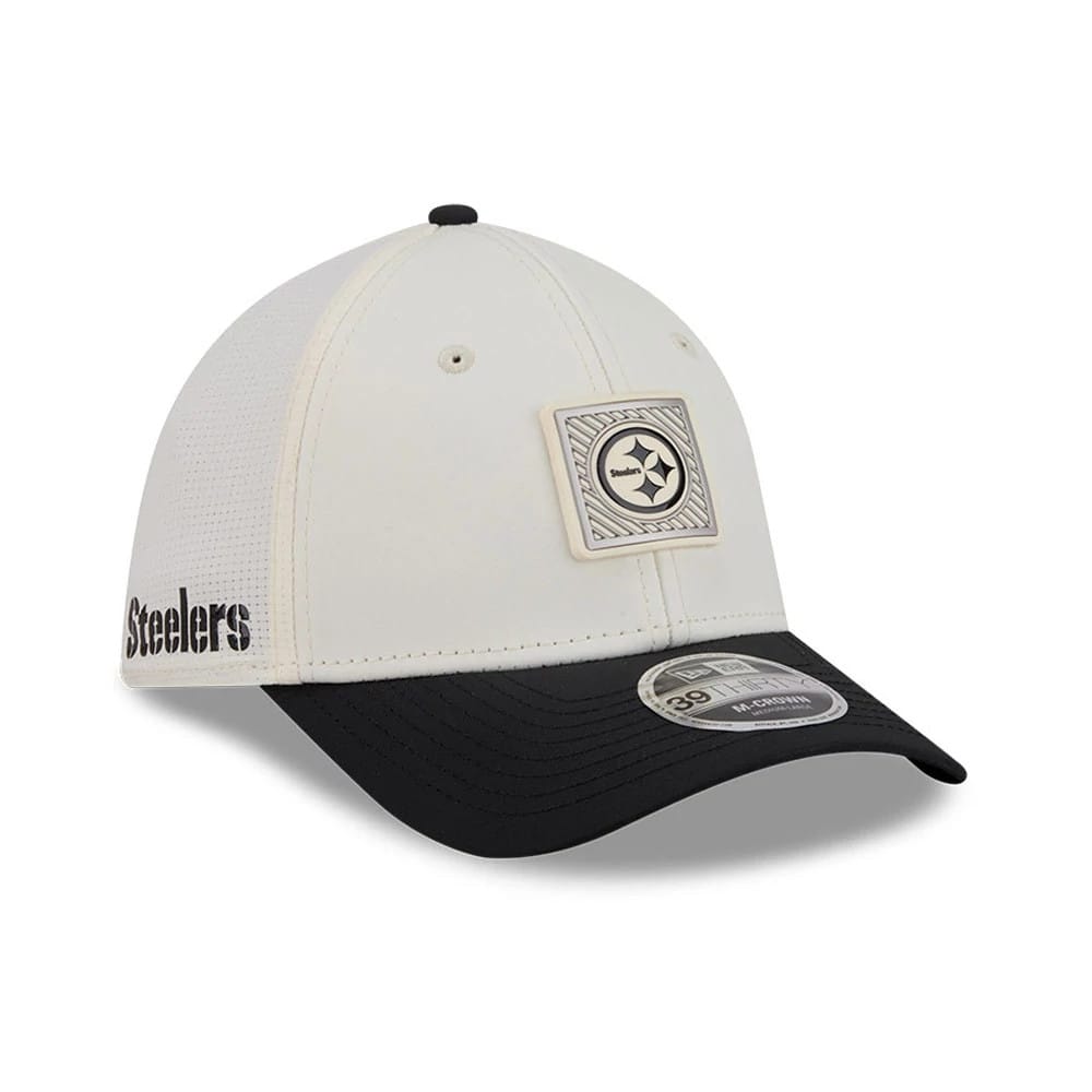 Pictured is this NFL Training 2026 Pittsburgh Steelers 39THIRTY M-Crown Stretch Fit cap in white. 1