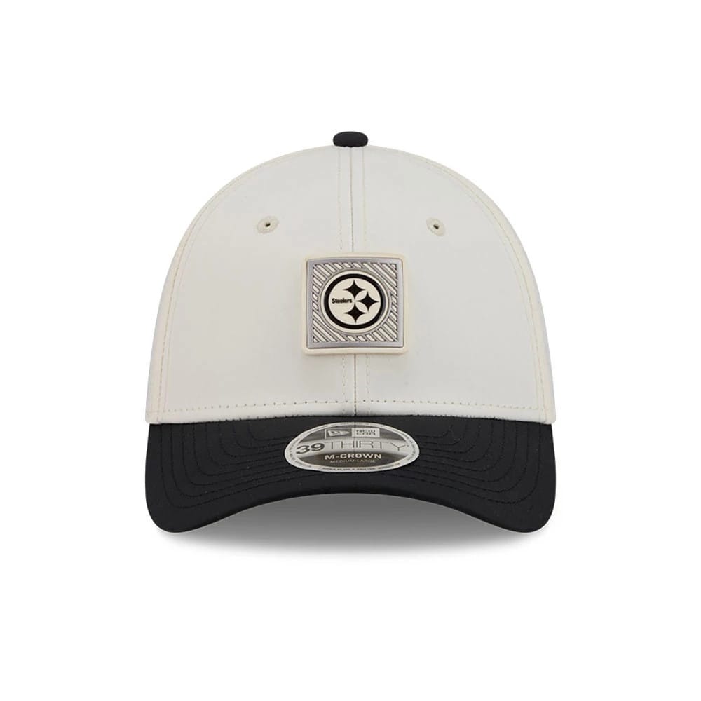Pictured is this NFL Training 2026 Pittsburgh Steelers 39THIRTY M-Crown Stretch Fit cap in white. 2