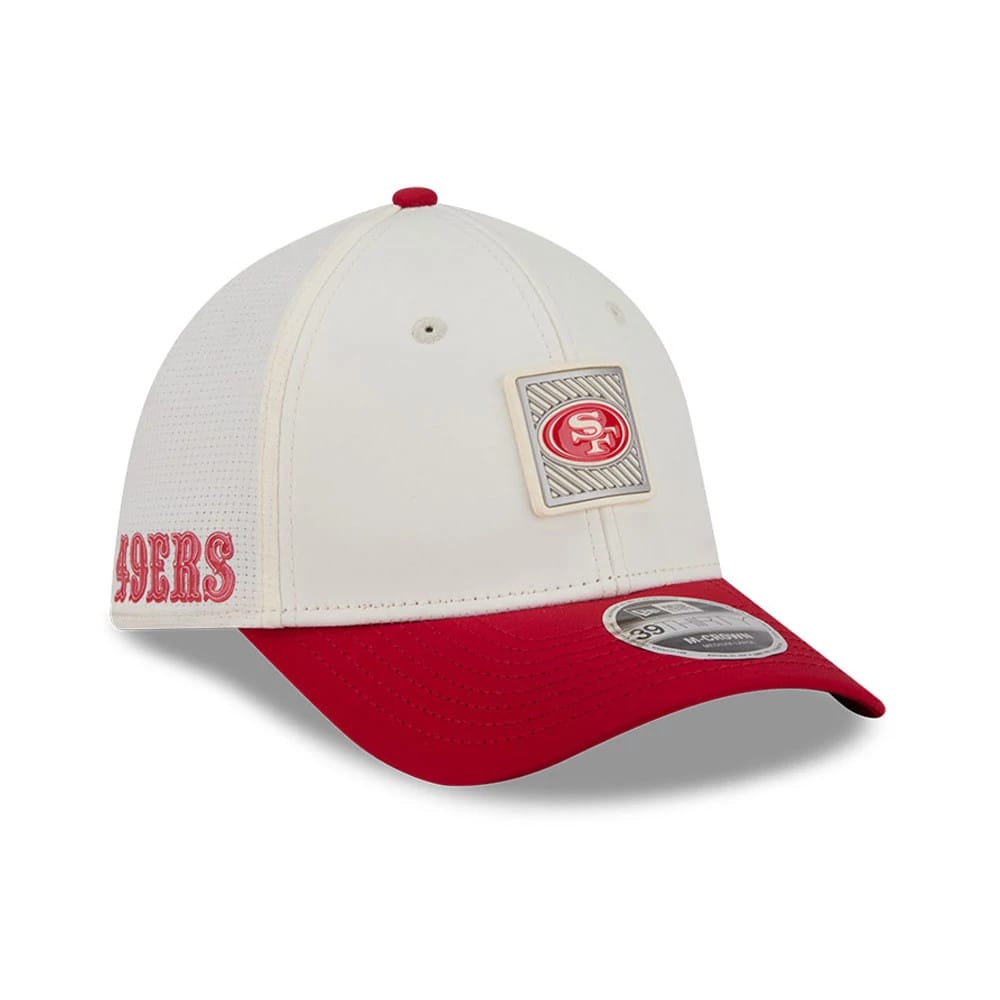 Pictured is this NFL Training 2026 San Francisco 49ers 39THIRTY M-Crown Stretch Fit cap in white. 1