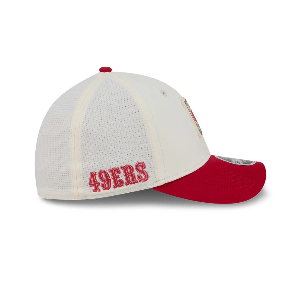 49ers NFL Training 2026 White New Era 39THIRTY M-Crown Stretch Fit Cap, side view showing the embroidered red 49ERS lettering on the flexible white mesh back panels, a red top button, and a contrasting red curved visor with a 39THIRTY size sticker.
