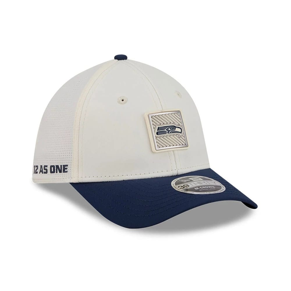 Pictured is this NFL Training 2026 Seattle Seahawks 39THIRTY M-Crown Stretch Fit cap in white. 1