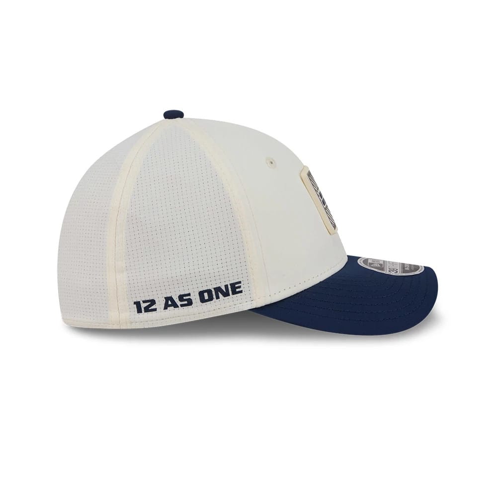 Pictured is this NFL Training 2026 Seattle Seahawks 39THIRTY M-Crown Stretch Fit cap in white. 4