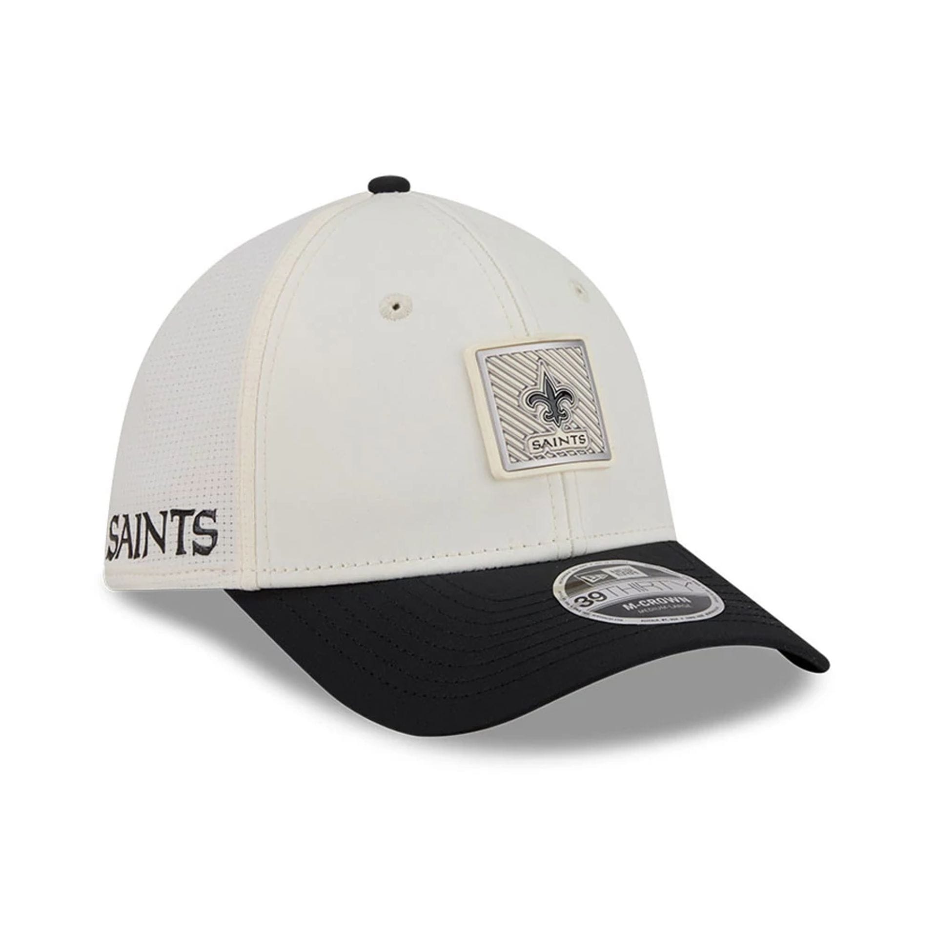 Pictured is this NFL Training 2026 New Orleans Saints 39THIRTY M-Crown Stretch Fit cap in white. 1