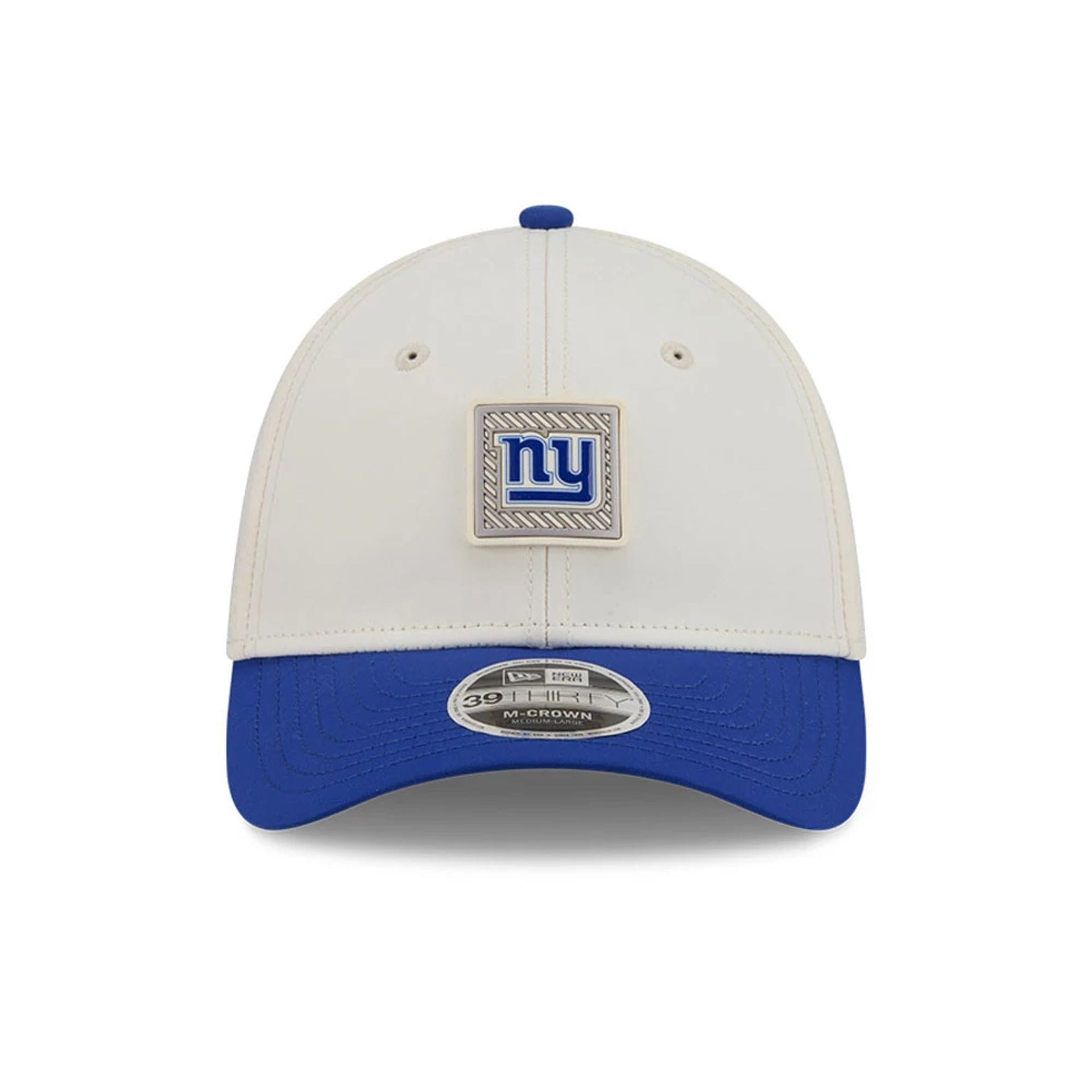 Pictured is this NFL Training 2026 New York Giants 39THIRTY M-Crown Stretch Fit cap in white. 2