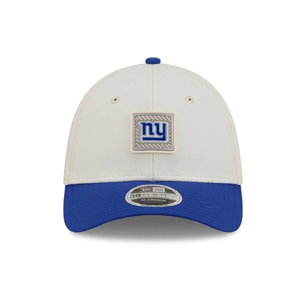 New York Giants NFL Training 2026 White New Era 39THIRTY M-Crown Stretch Fit Cap, front view showing the square embroidered NY logo on the white structured crown, with a royal blue curved visor and 39THIRTY size sticker beneath.