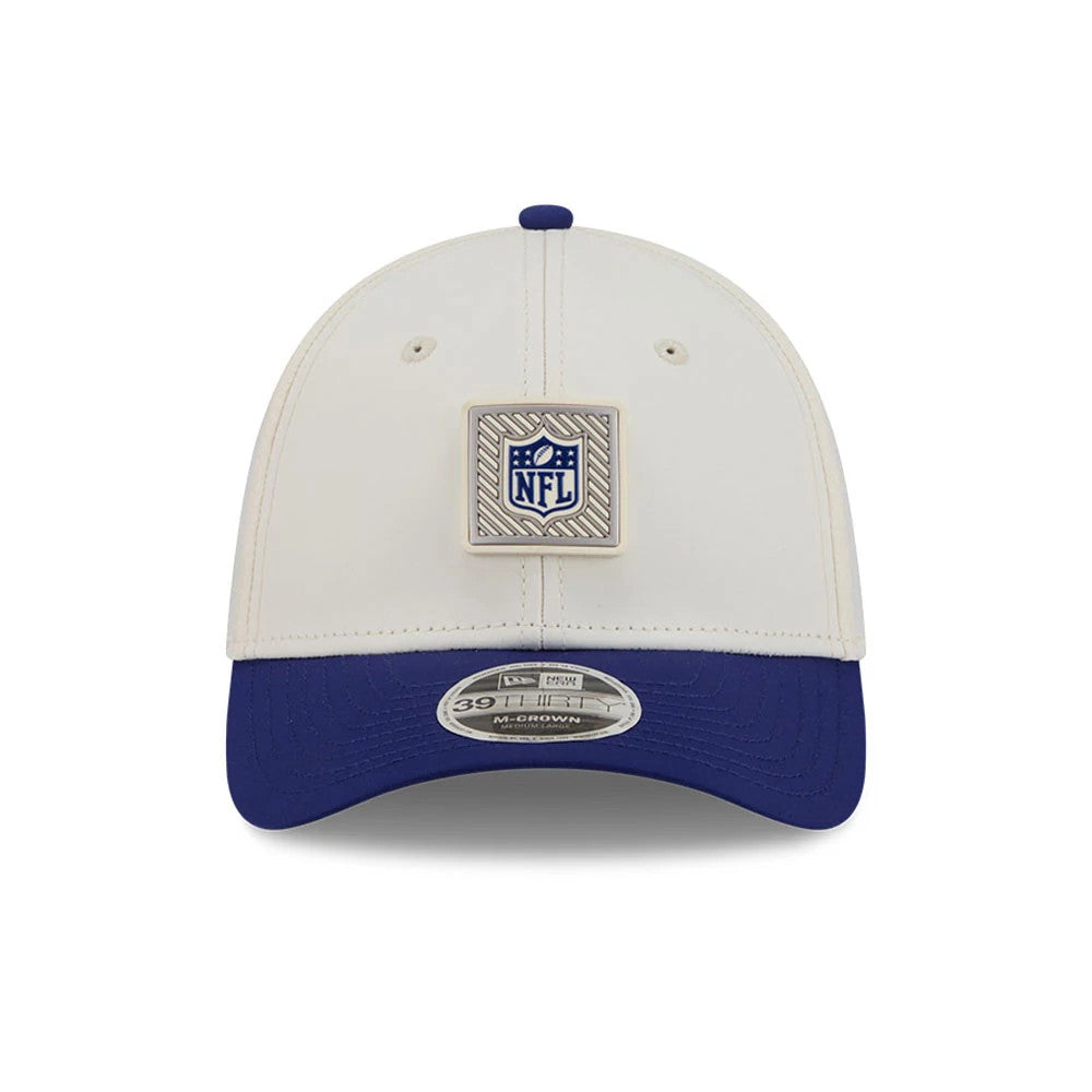 Official Logo NFL Training 2026 White New Era 39THIRTY M-Crown Stretch Fit Cap, front view showing a blue and white square embroidered NFL logo patch on the structured white crown, a blue curved visor, and a 39THIRTY size sticker.