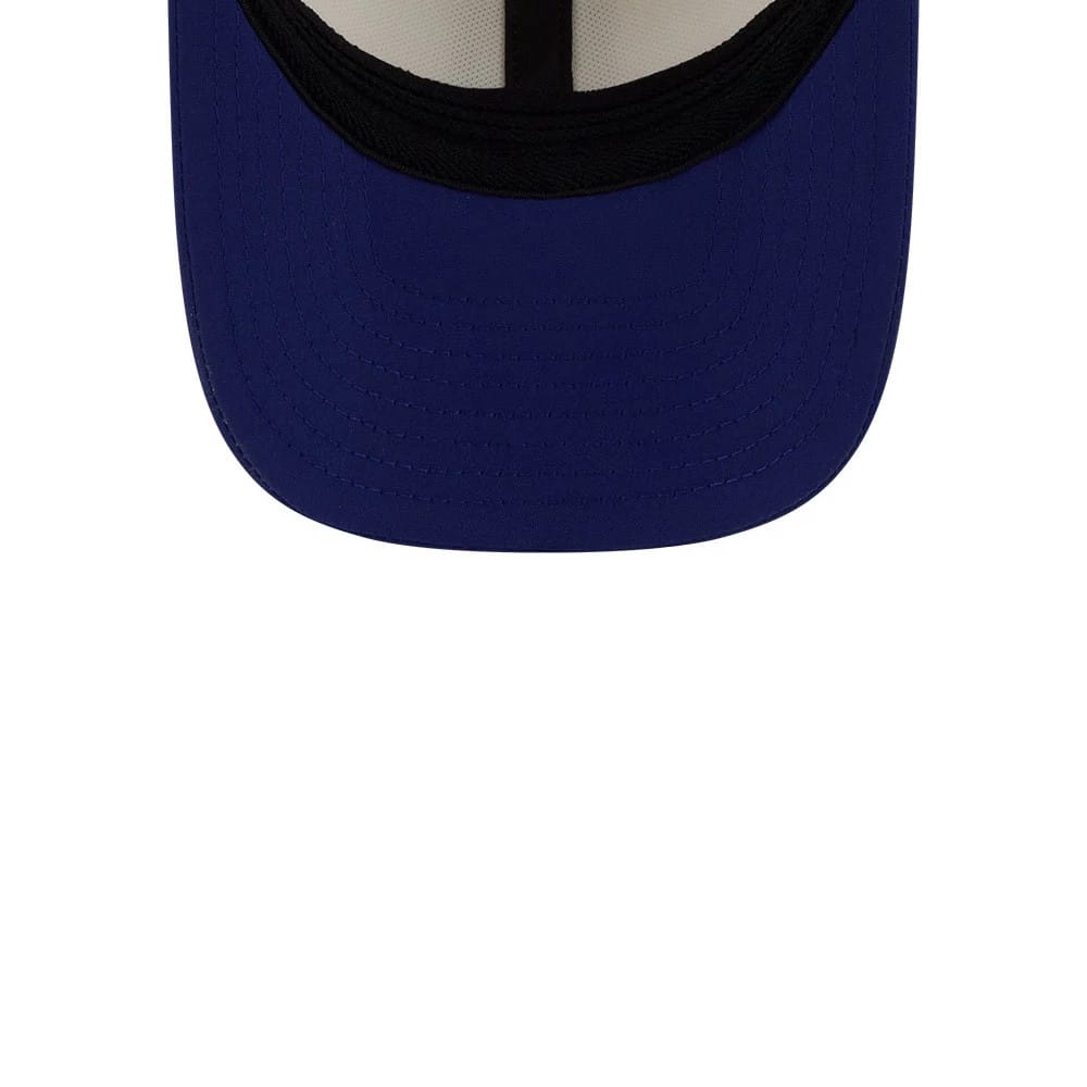Official Logo NFL Training 2026 White New Era 39THIRTY M-Crown Stretch Fit Cap, inside view showing the contrasting black sweatband, blue visor with stitching, and white taping across the inside crown for structure and branding.