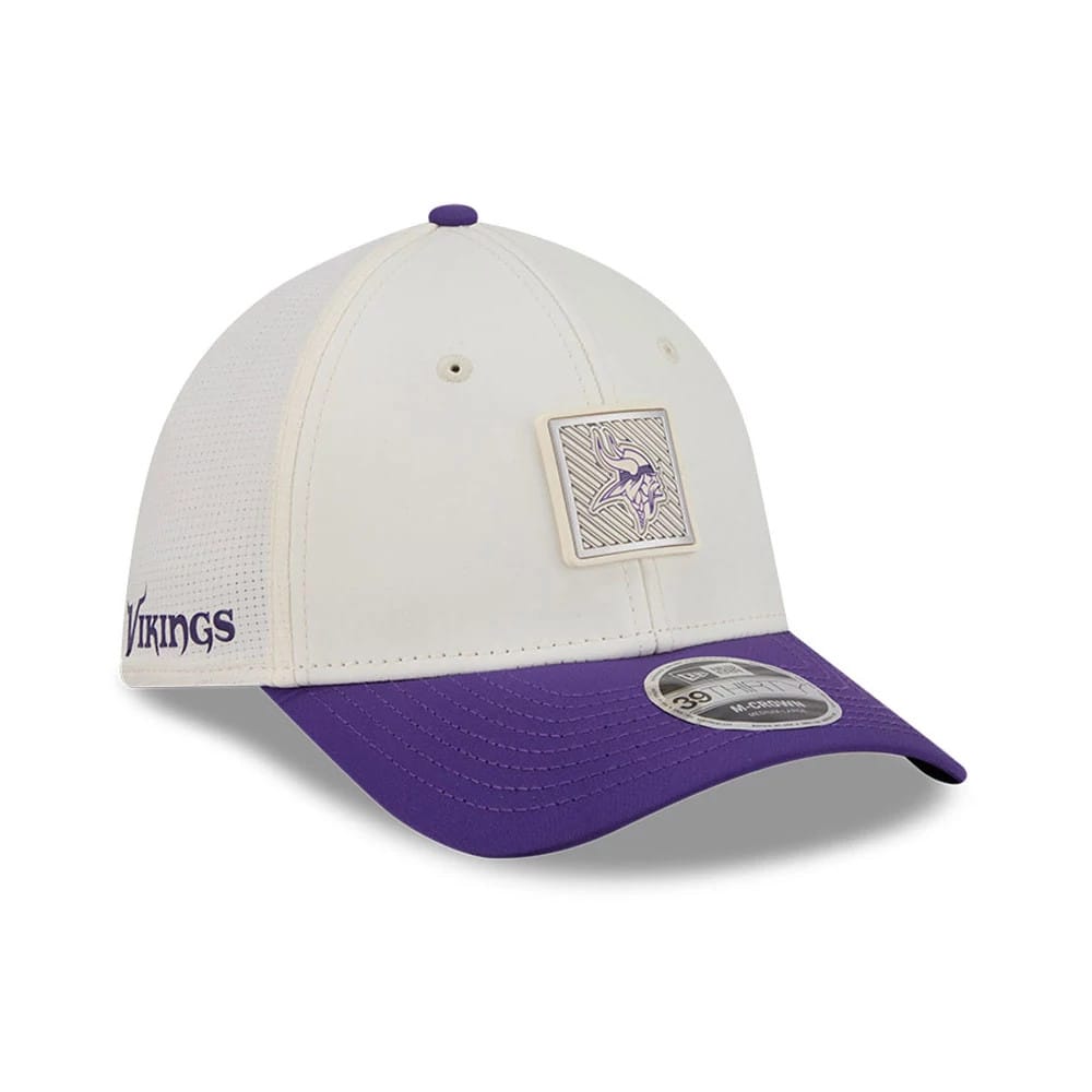 Pictured is this NFL Training 2026 Minnesota Vikings 39THIRTY M-Crown Stretch Fit cap in white. 1