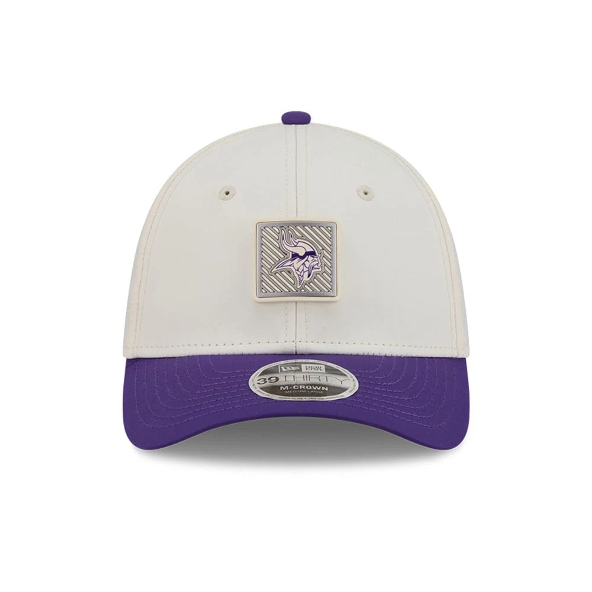 Pictured is this NFL Training 2026 Minnesota Vikings 39THIRTY M-Crown Stretch Fit cap in white. 2
