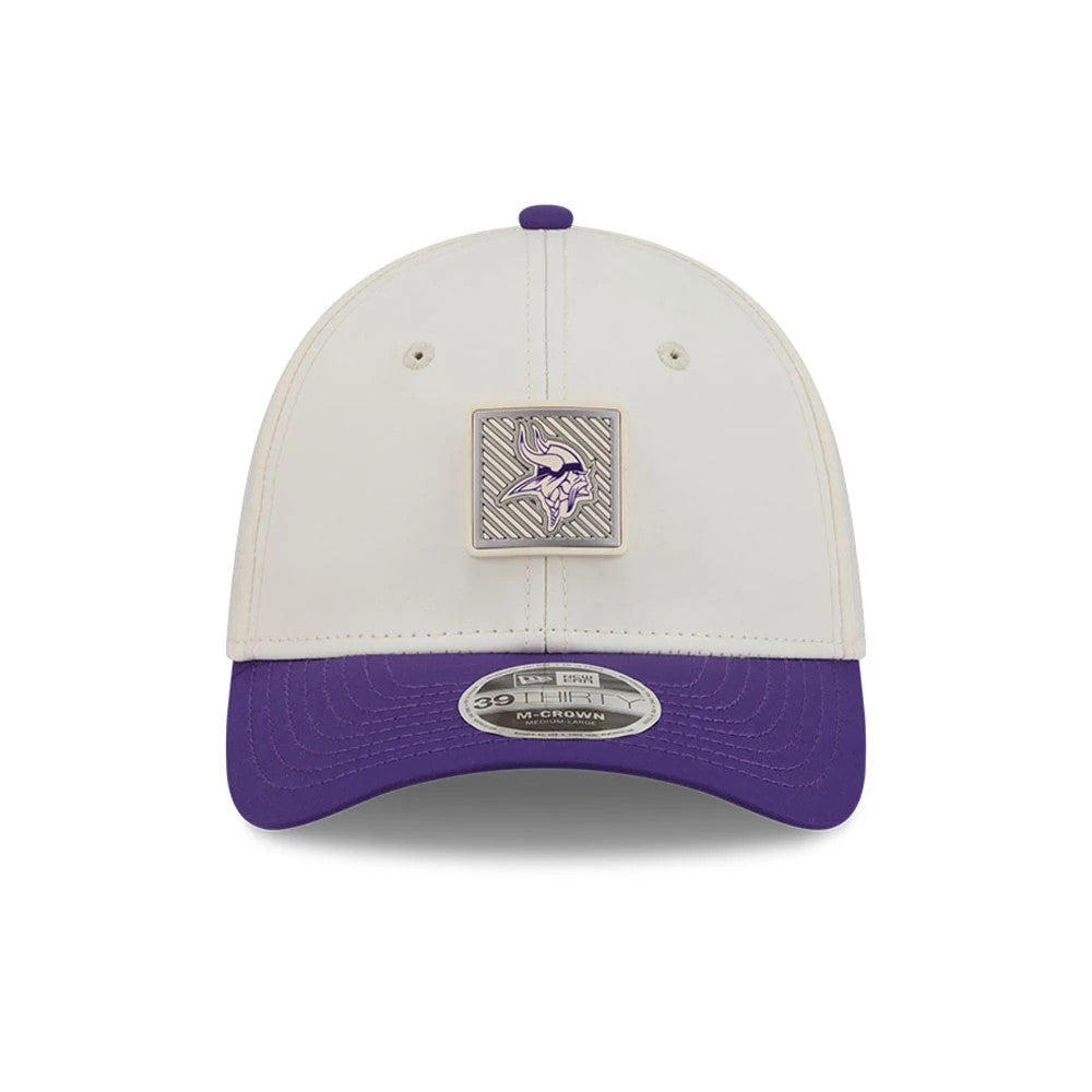 Pictured is this NFL Training 2026 Minnesota Vikings 39THIRTY M-Crown Stretch Fit cap in white. 2
