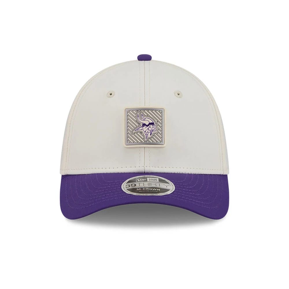 Pictured is this NFL Training 2026 Minnesota Vikings 39THIRTY M-Crown Stretch Fit cap in white. 2